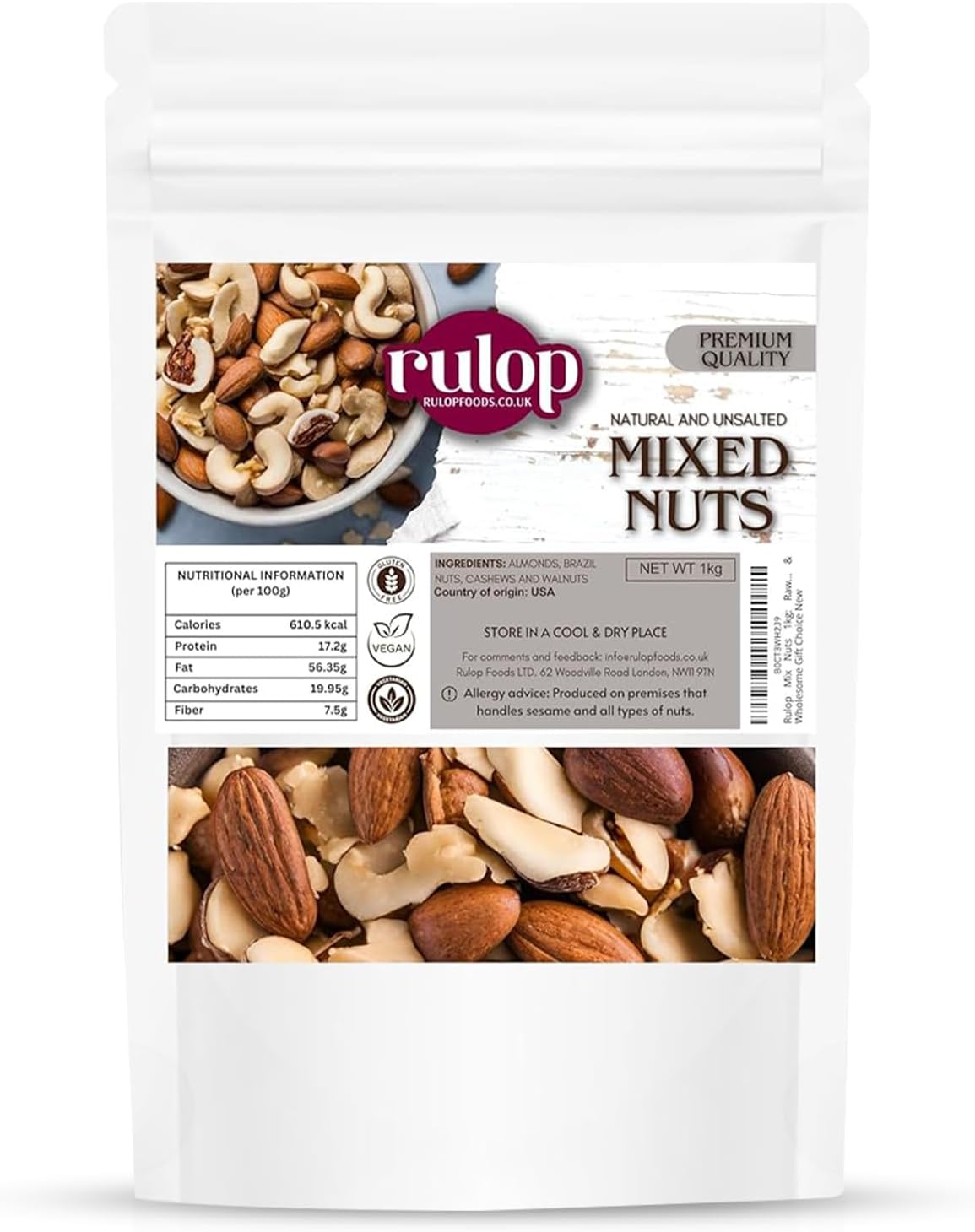 Rulop Mix Nuts 1kg: Raw & Unsalted Cashews, Almonds, Walnuts, Brazil Nuts - Nutritious Vegan, Keto, Vegetarian Snack Mix, Bulk Diet Treat & Wholesome Gift Choice