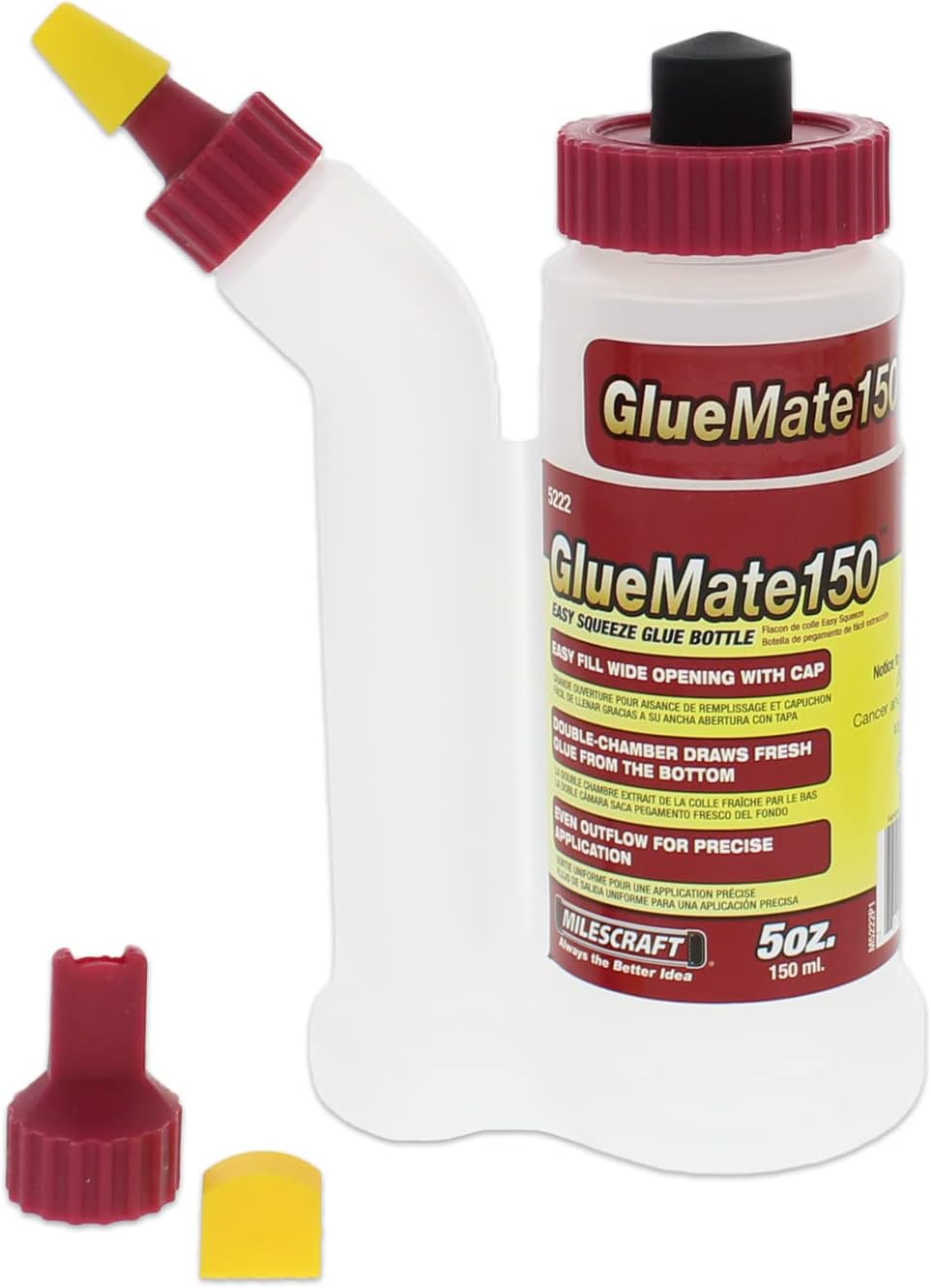 Milescraft 5222 Glue Mate 150-5oz. (150ml) Precision Wood Glue Bottle - Anti-Drip - Dowel and Biscuit Tips Included - Easy Flow Multi-Chamber Design - Ideal for Woodworking