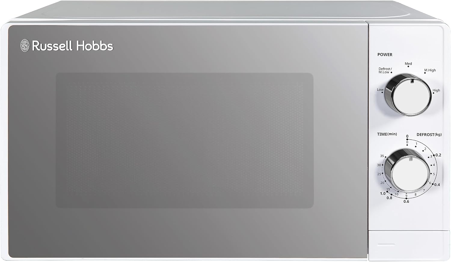 Russell Hobbs 20 Litre 800W White Solo Manual Microwave, 5 Power Levels, Integrated Timer and Defrost Function, Easy Clean RHM2027