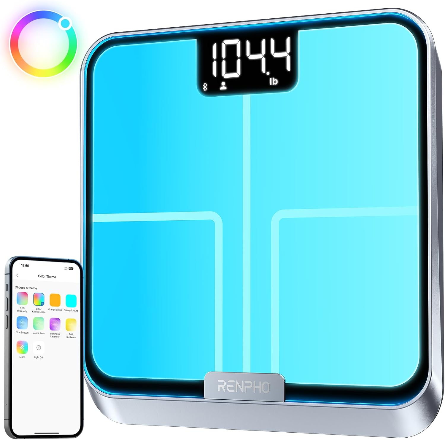RENPHO Smart Body Fat Scale with Light, Fitness Equipment with RGB Lighting, Rechargeable Scale with BMI, Body Fat, Muscle Mass, Color Changing with Weight Variation, FSA HSA Eligible, Elis Chroma
