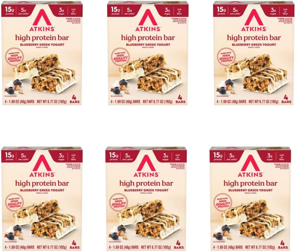 Atkins Blueberry Greek Yogurt High Protein Bar, High Fiber, 15g Protein, 3g Sugar, 5g Net Carbs, Meal Replacement, Keto Friendly, 4 Count (Pack of 6)