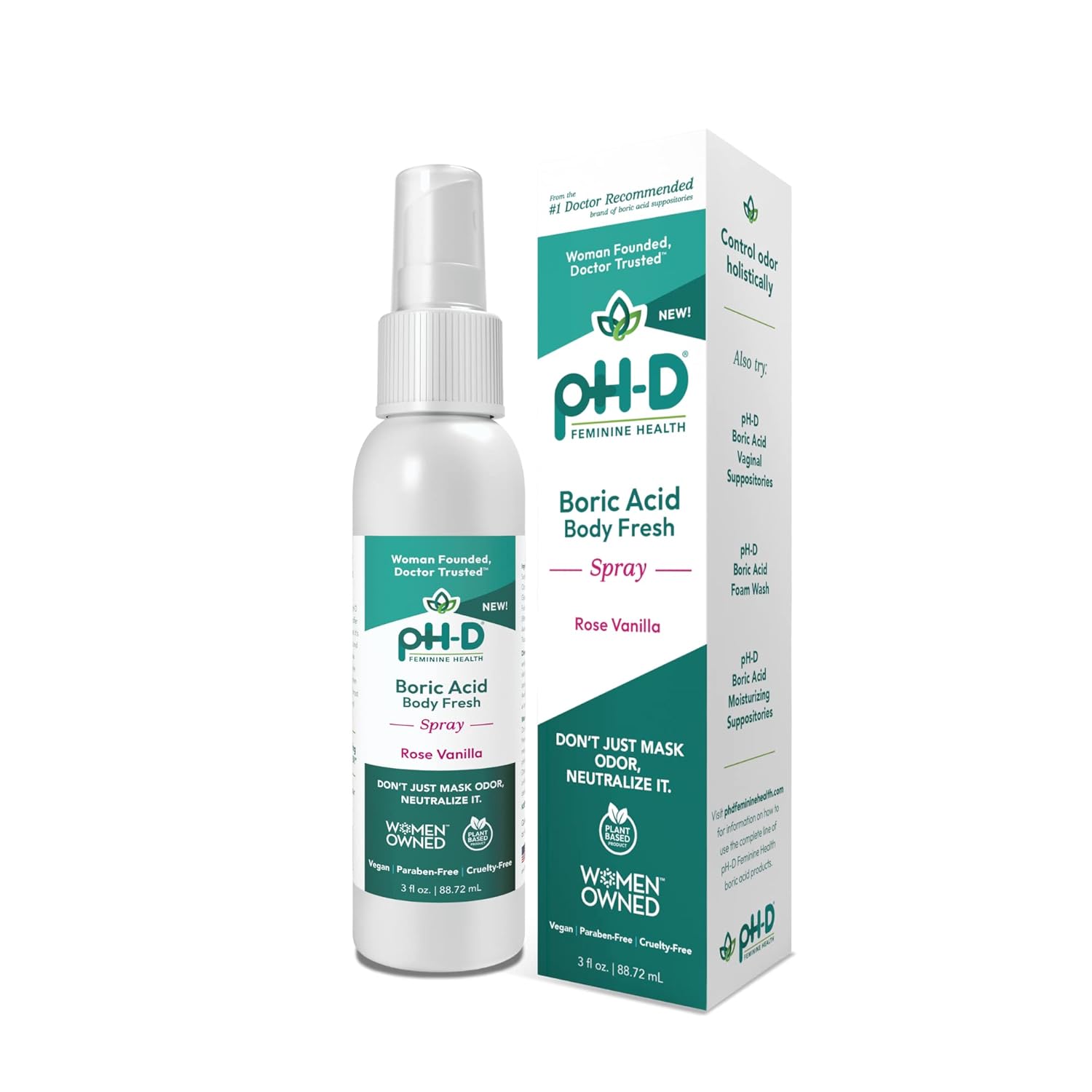 pH-D Feminine Health Support - Boric Acid Body Fresh Spray - Vegan, Paraben-Free, Plant Based - Rose Vanilla Scented - 3oz
