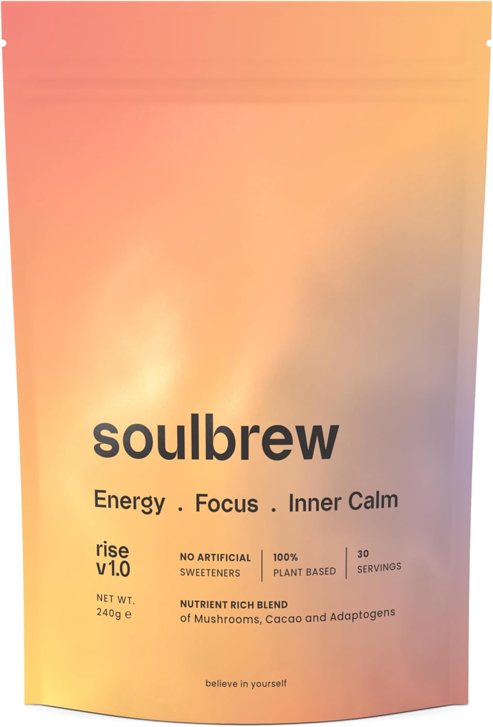 SoulBrew Rise Mushroom Coffee Alternative - with Lion's Mane, Cordyceps, Chaga, Maca, Ashwagandha & Cacao – Gut Friendly Nootropic Superfood for Energy & Focus - Vegan - 30 Servings