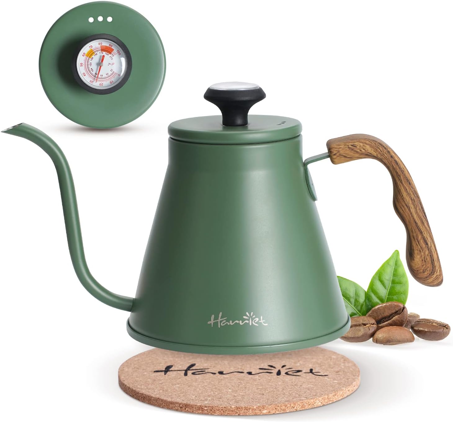 Harriet Gooseneck Kettle, 37oz Pour Over Kettle for Stovetop, Coffee kettle with Thermometer, Stainless Steel Kettle with 3-Layer Base, Anti-Hot Handle, for Drip Coffee & Tea, Green