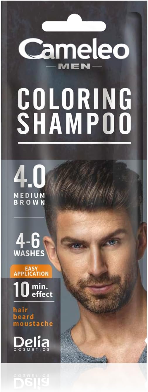 Cameleo Men – Coloring Shampoo – Brown – Hair, Beard, Mustache - Visible Color in 10 Minutes – Refreshes - Lasts for 4 to 6 Washes – Easy & Quick Application - Walnut Extract – 15 ml