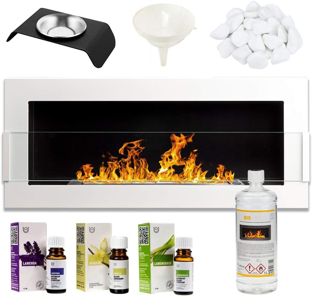 GMT - Bioethanol Eco Smokeless Fireplace White 90x40cm with Protective Glass - Indoor Decorative Wall mounted or recessed Fire Heater Chimney - Easy to Mount with Bio Liquid Fuel & Stones & Aroma Oils