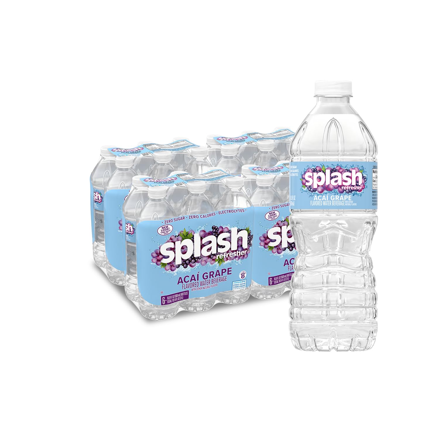 Splash Refresher, Acai Grape Flavor Water Beverage, 16.9 Fl Oz Plastic Bottles (24 Count)