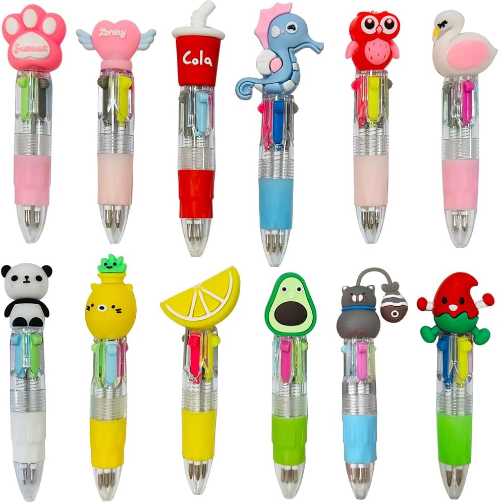 XYUXWLG Multicoloured Pens, 12 PCS Pens for Kids 4-Color Fun Cartoon Mini Retractable Ballpoint Pens, Party Bag Fillers for Kids Class School Supplies