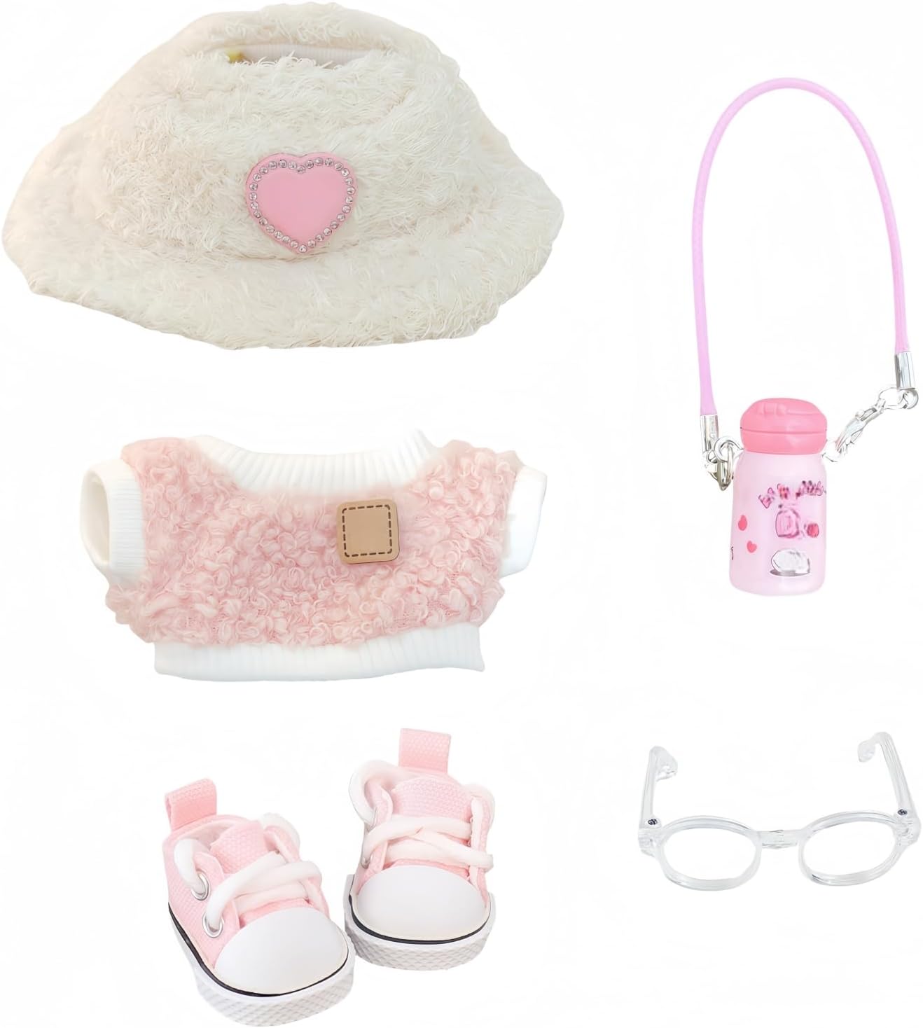 Clothes Set for Dolls Accessoriess (No Doll), Cute Kawaii Outfit Set 5 Pieces for 15cm 17cm Doll, Dress Up Doll Clothing Set Replacement with Hat Glasses Sweater Shoes