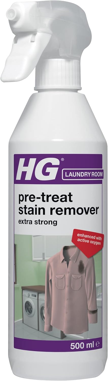 HG Laundry Pre-Treat Stain Remover, Extra Strong Pre-Wash Clothing & Fabric Spray with Active Oxygen, Removes Spots & Stains, Heavy Duty Formula Ideal for Whites & Colours – 500ml (649050106)
