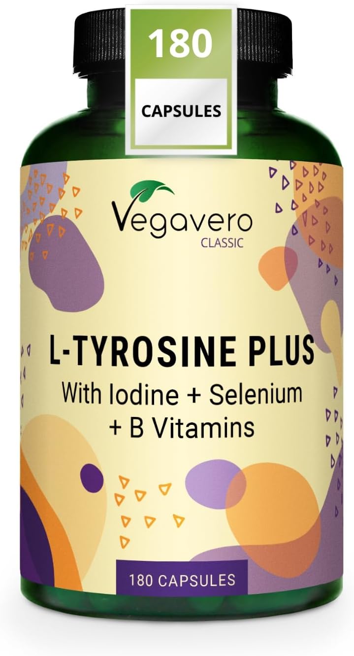 Vegavero L-Tyrosine 1200 mg | 180 Capsules | with Iodine, Selenium & B Vitamins | Fermented Free-Form Amino Acid | High Strength Complex | Brain, Energy & Focus Supplement | Vegan
