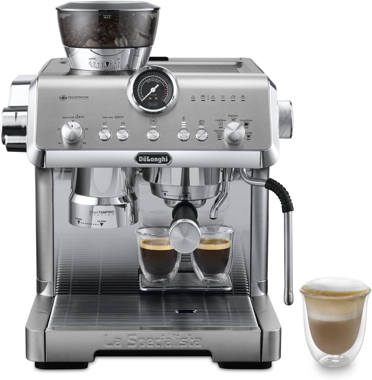 De'Longhi La Specialista Opera EC9555.M, Espresso Coffee Machine with Integrated Coffee Grinder, Cold Brew Function, Milk Frothing Wand, Includes Welcome Set Accessories, 1550W, Metal