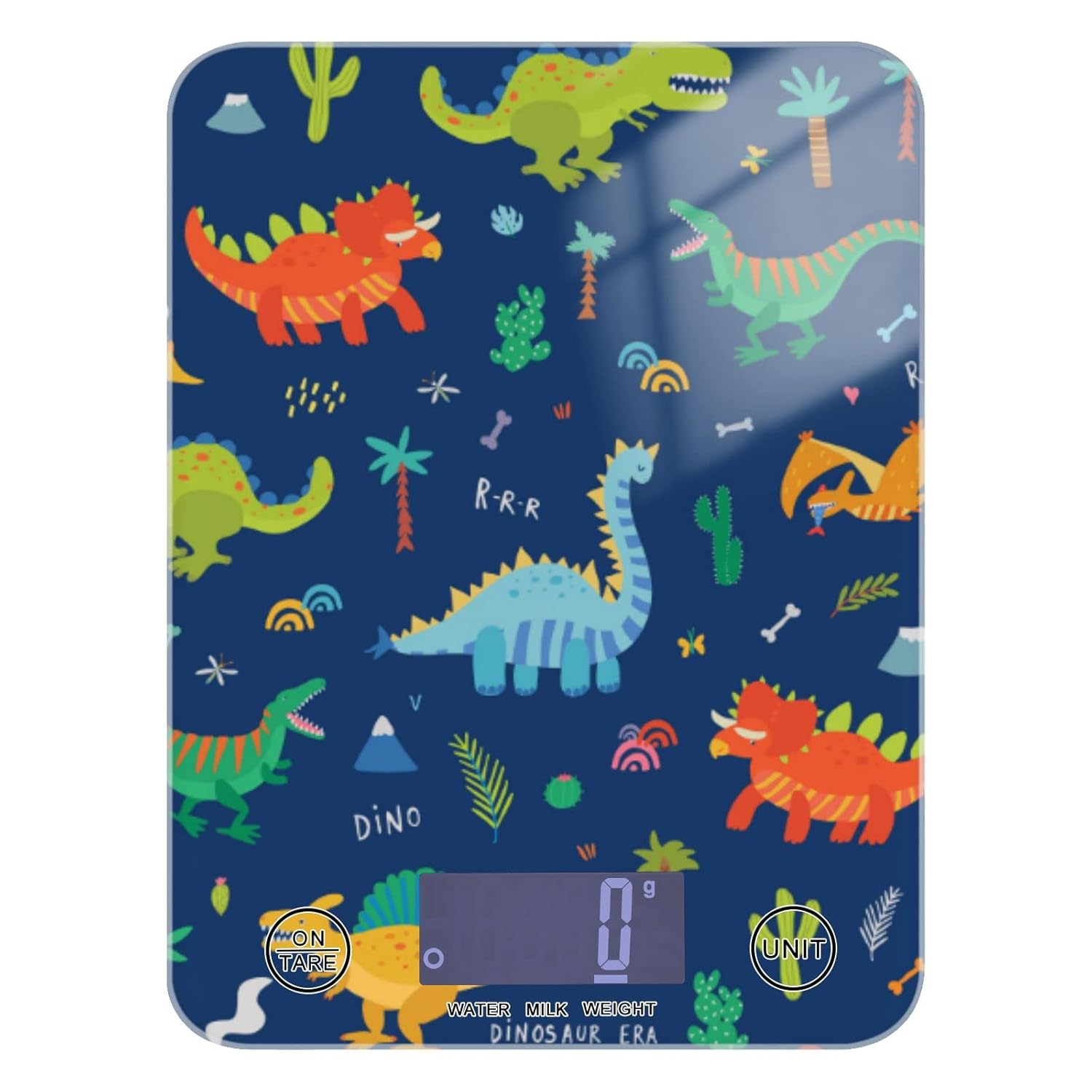Poeticcity Cute Colorful Cartoon Forest Dinosaurs on Dark Blue Tempered Glass Kitchen Scales, Digital Weight Grams and Oz Food Scales for Cooking Baking Meal Prep Home Weight Loss Health Diet