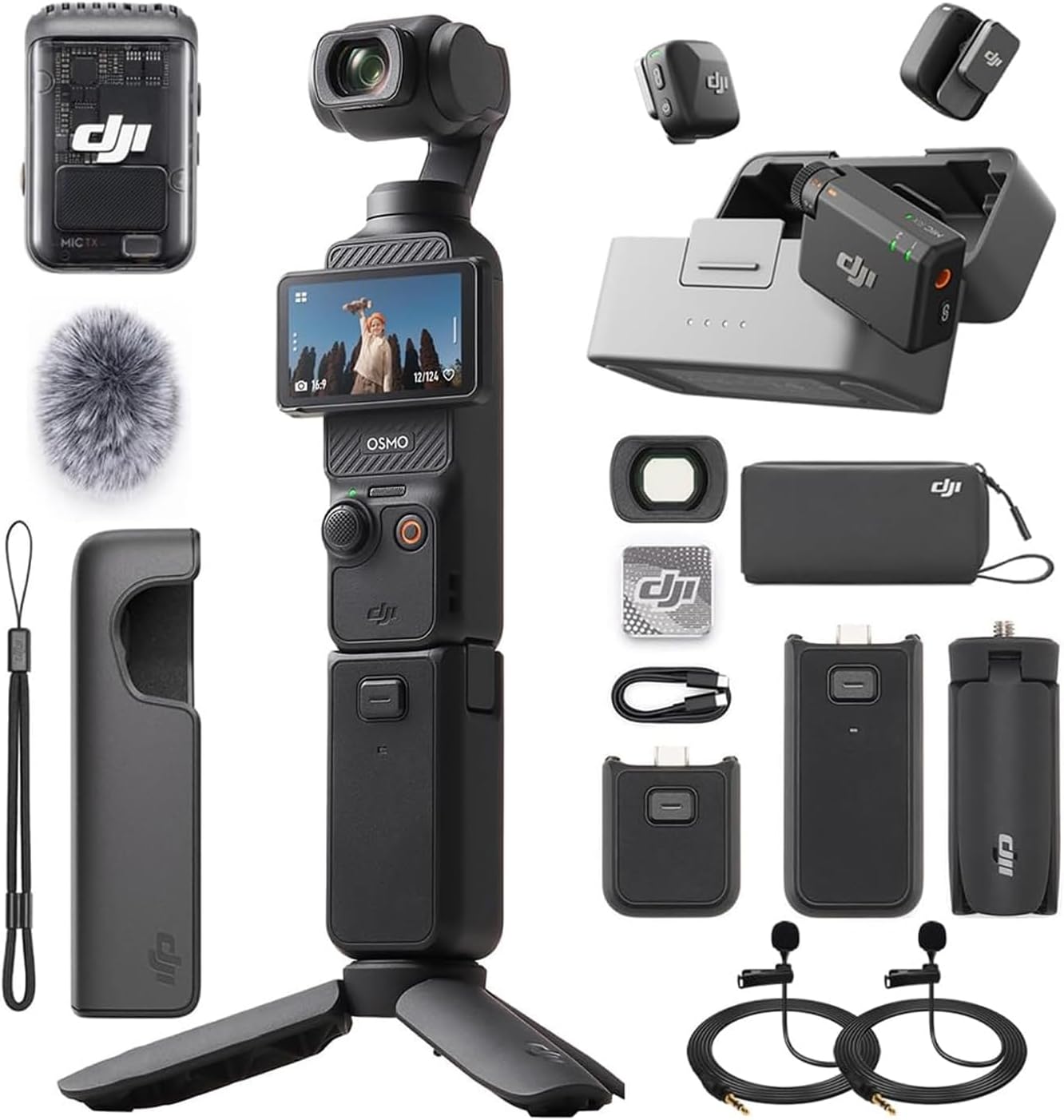 DJI Osmo Pocket 3 Creator Combo 4K 120fps Handheld 3-Axis Gimbal Bundle Mic Mini (2 TX + 1 RX + Charging Case) + 2X Deco Essentials 3.5mm Computer Clip-On Mini Lapel Microphone