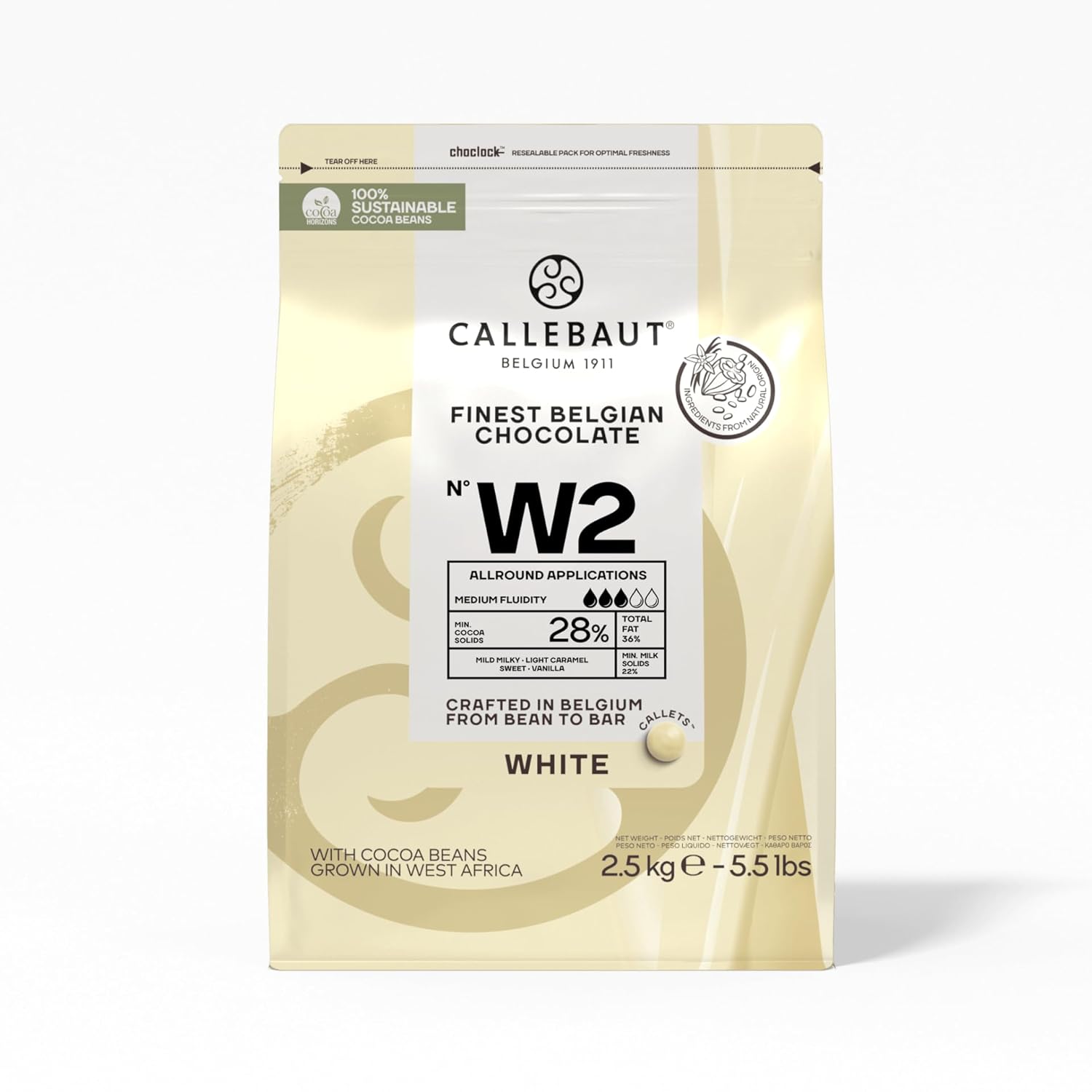 Callebaut Recipe No. W2 Finest Belgian White Chocolate With 28% Cacao, 22% Milk, 5.51 Pound