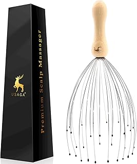 USAGA 32 Fingers Head Massager, Head Scratcher Scalp Massager for Head Body Relaxing Wood Handle (1 Pack)