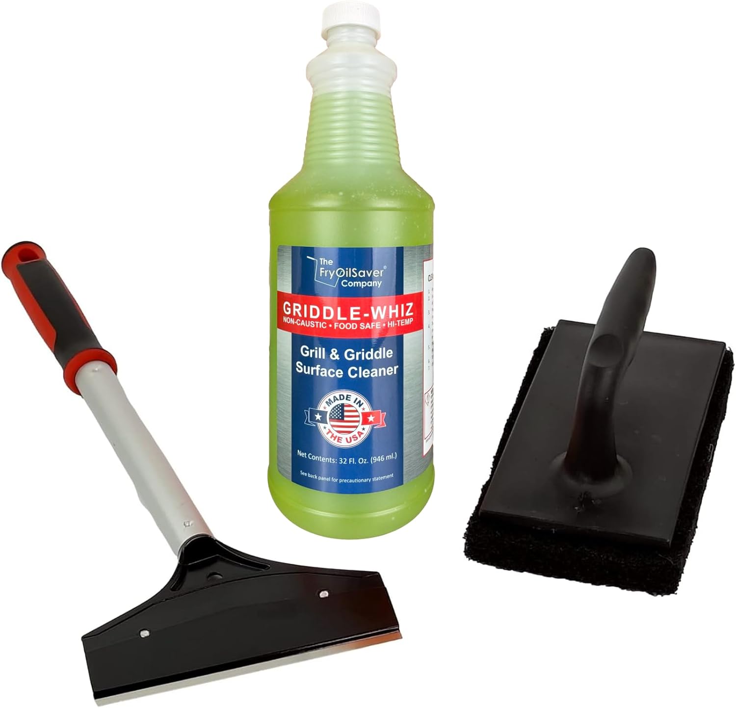 The FryOilSaver Co. Griddle Cleaning Kit | Grill Cleaner Liquid, Premium Griddle Scraper and Scrubber | All Your Griddles Cleaning Needs | 4 Piece Griddle Cleaning Kit