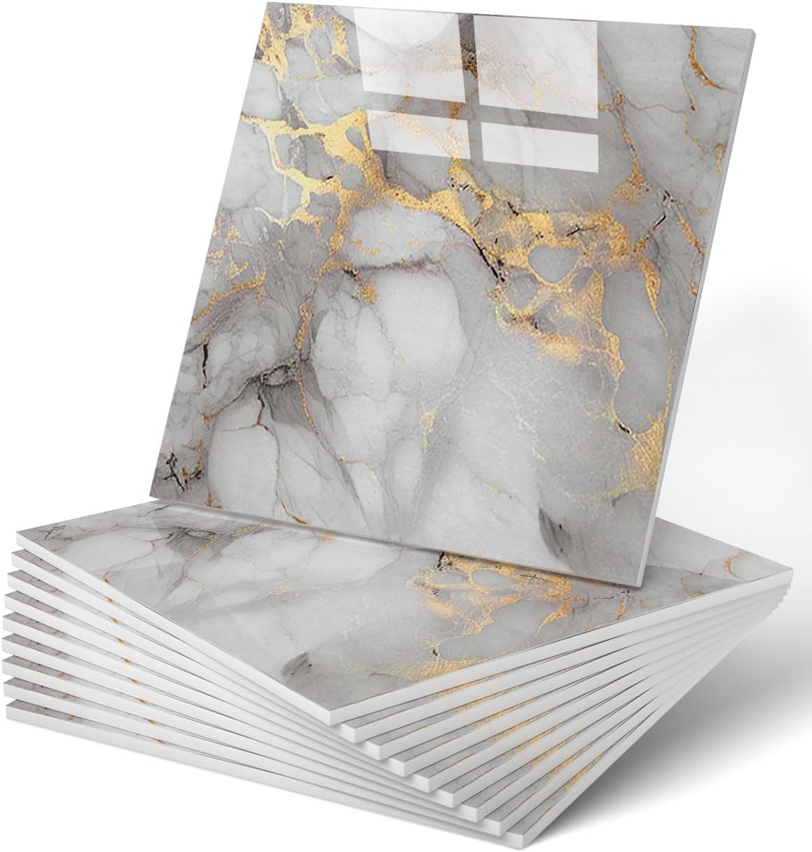 WADILE 20pcs Waterproof Peel and Stick Marble Wall Tiles, 11.8"x11.8" Self-Adhesive PVC Panels for Bathroom, Kitchen, and Living Room Gold