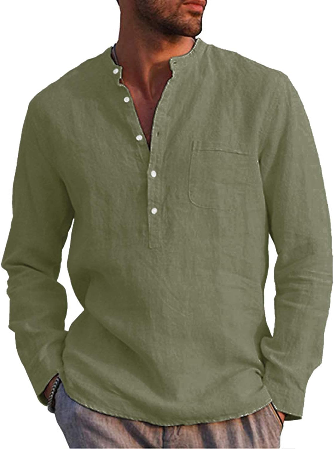 LVCBL Mens Casual Cotton Shirt Long Sleeve Band Collar Henley Shirt Tops