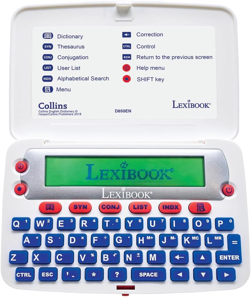 LEXiBOOK - The Collins English Dictionary, 13th Edition - Electronic Dictionary, Definitions, Thesaurus, Conjugation, Phonetic Spellchecker, Crossword Solver, with Battery, Blue/White, D850EN