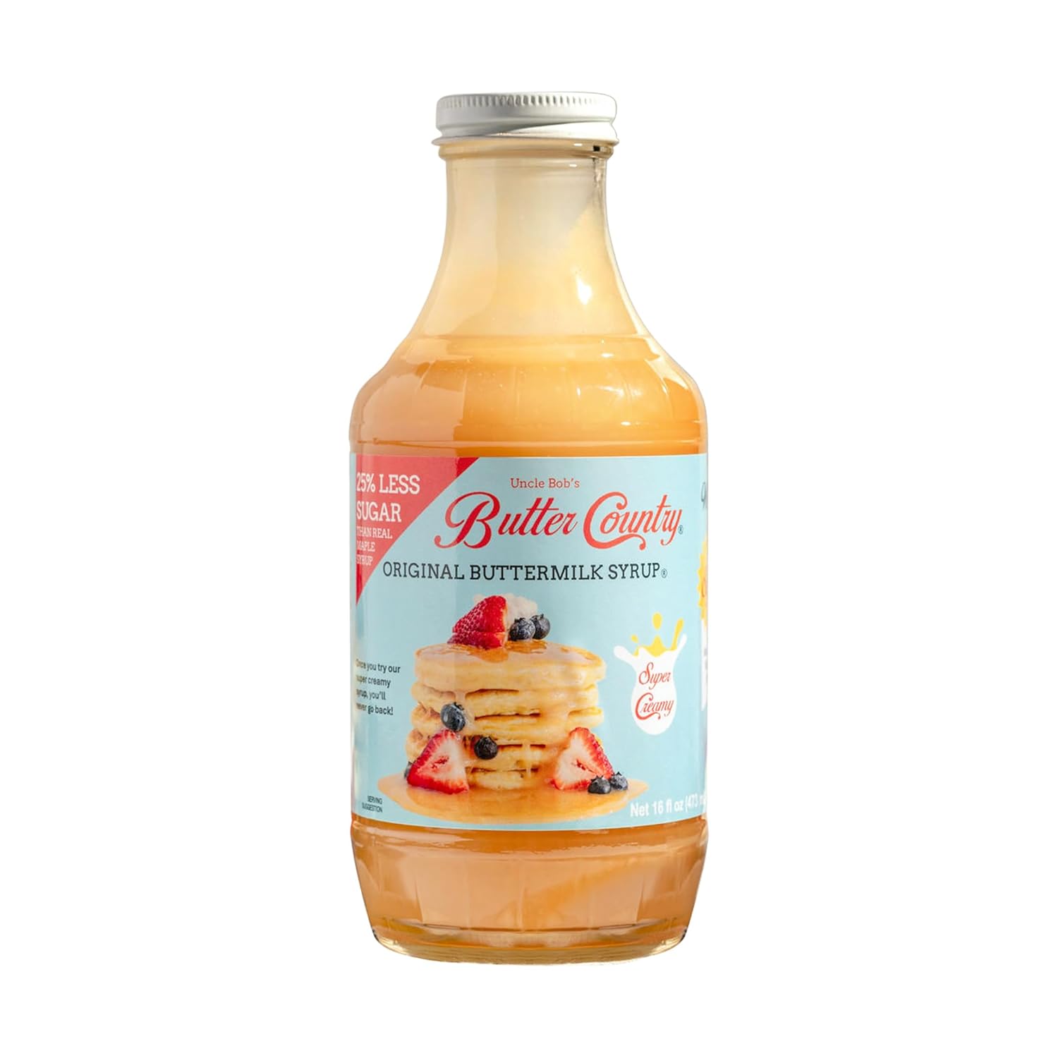 Uncle Bob's Butter Country Original Buttermilk Syrup for Pancakes and Waffles, Less Sugar, No Corn Syrup, Gluten Free, Made without Artificial Flavors, 16 fl oz Bottle