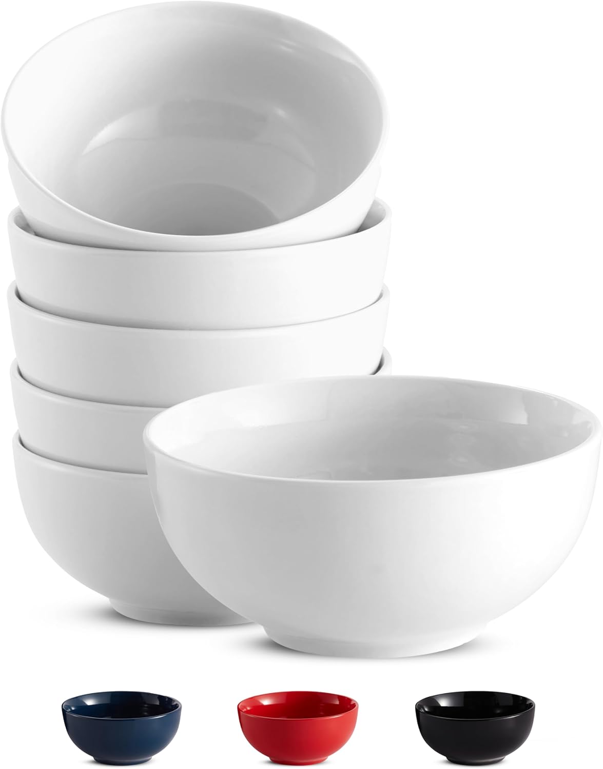 KooK Soup Bowls, Cereal Bowl, Ceramic, Bowls for Kitchen, Microwave, Dishwasher and Freezer Safe, Porcelain Dishes for Pasta, Salad, Oatmeal, Deep Interior, 20 oz, Set of 6, (White)