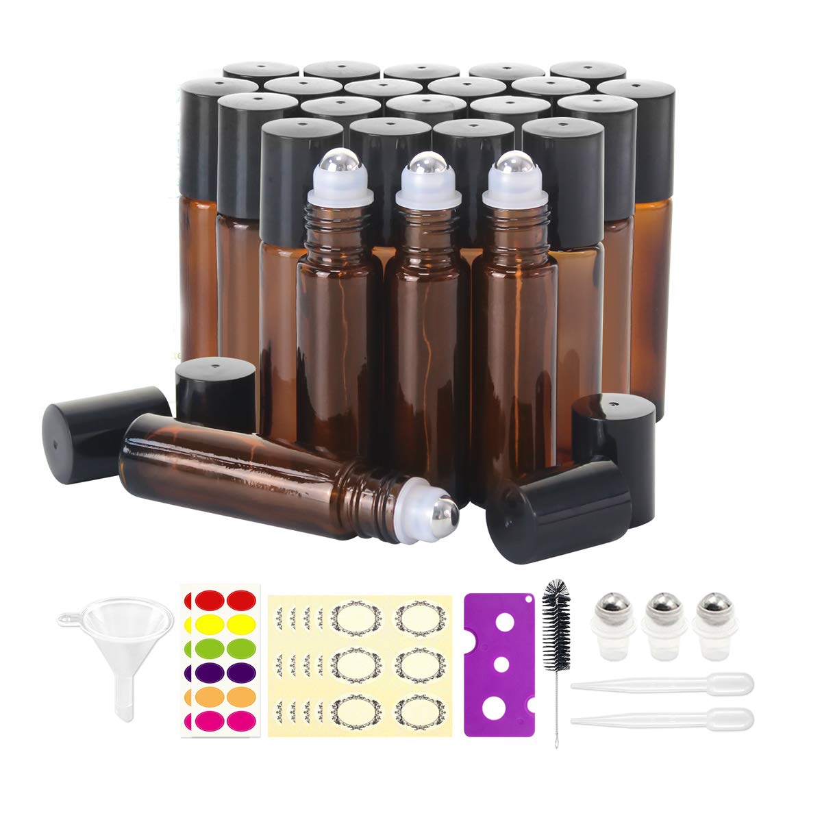 Mavogel 24pack, 10ml Roller Bottles for Essential Oils - Amber, Glass with Stainless Steel Roller Balls (3 Extra Roller Balls, 54 Pieces Labels, Opener, Funnel, Dropper, Brush Included)