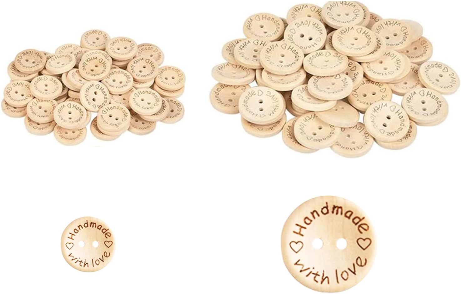 60PCS Wooden Buttons,Handmade with Love Buttons,2 Sizes Natural Wooden Round Shape Button with 2 Holes,Baby Buttons for Baby Cardigans Crafts Knitting Kids DIY Sewing Decor(15mm,20mm)
