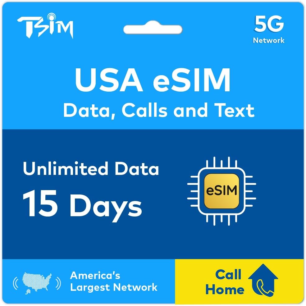 USA eSIM 15 Days | Call Home for Free | T-Mobile Network with Unlimited High Speed Data | Unlimited Local Calls and SMS to UK and USA (including Hawaii). Receive eSIM Same Day by Email and Start Using