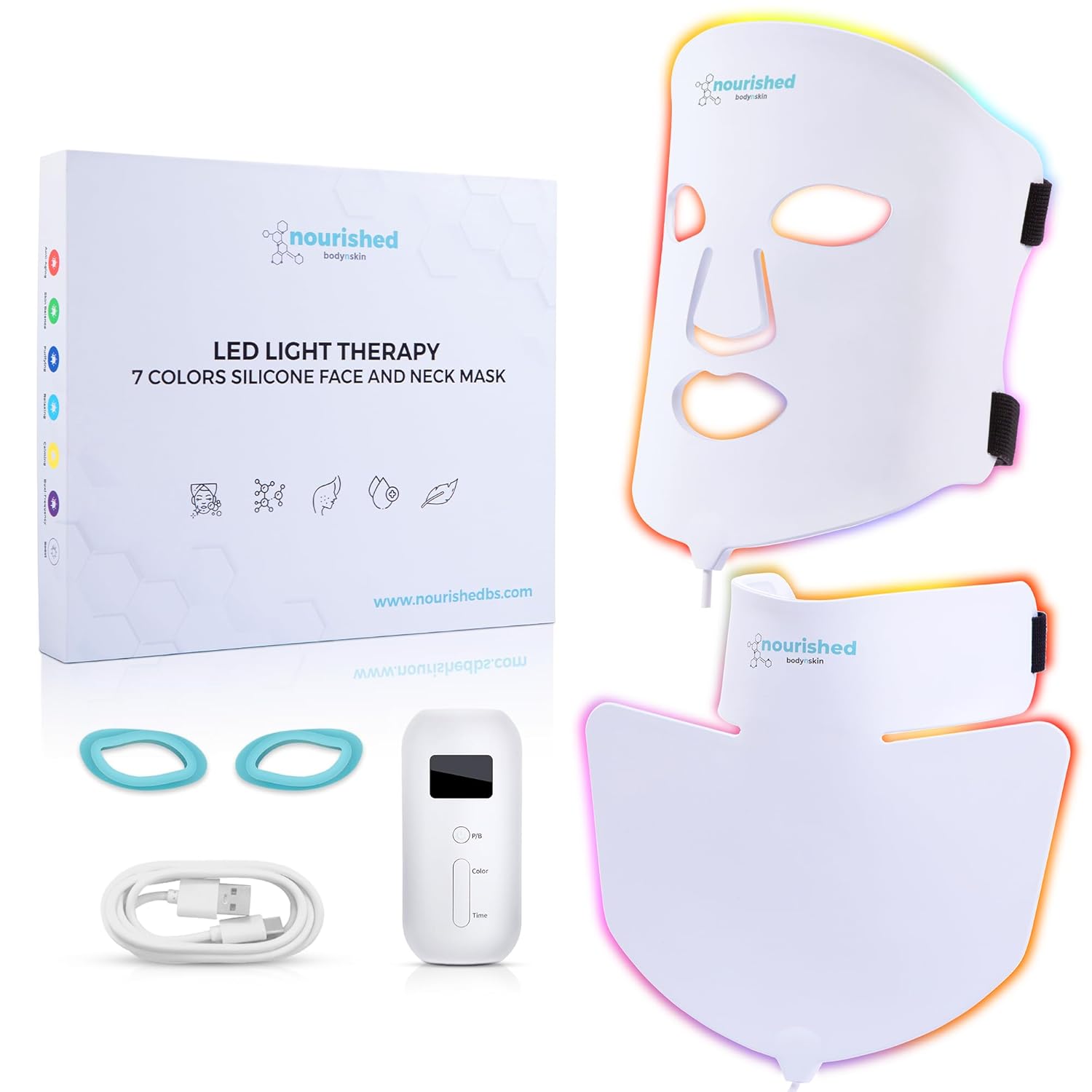 LED Light Therapy Face & Neck Mask - Facial Skin Care Device - 7 Colors Red & Blue - Rejuvenation, Anti-aging Product for Wrinkles