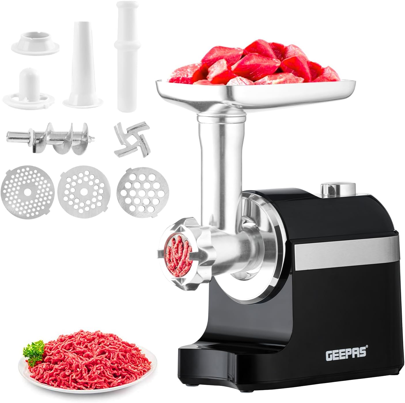 Geepas Electric Meat Grinder | Stainless Steel Meat Mincer & Sausage Stuffer, Food Grinding Mincing Machine with Kibbe | 3 Different Cutting Plates, Reverse Function, 1800W, Plastic Housing, Black