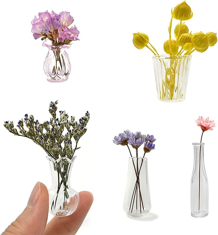 iLAND Miniature Dollhouse Accessories for Dollhouse Furniture, Glass Vases w/Dried Flowers Set (Pretty 5pcs)