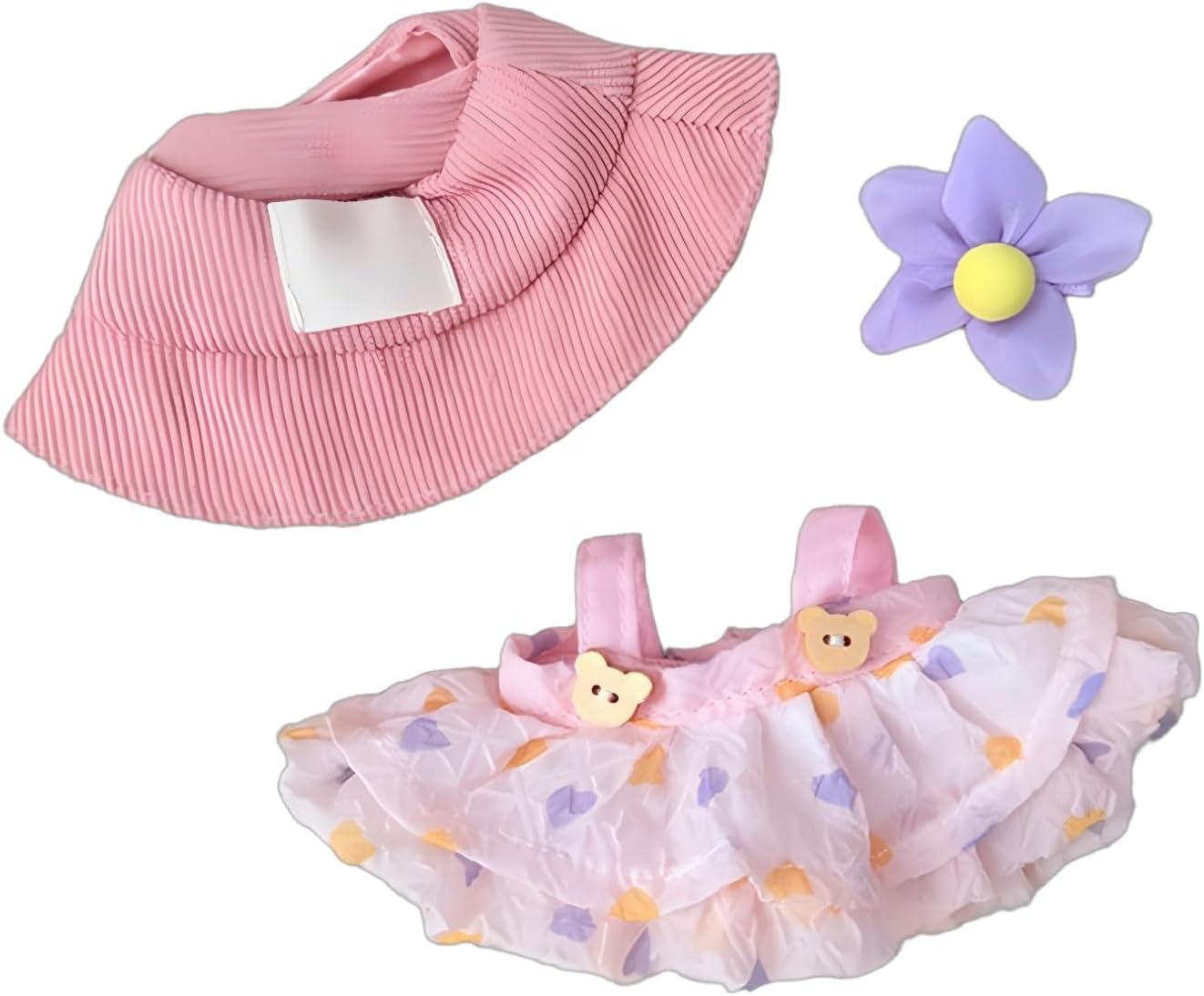 Doll Clothes Outfits, 3-Pieces Clothes Set for 17cm Dolls Outfit - Fashion Costume Doll Accessories for Decoration + Cute Dress+Bucket Hat+Detachable Fabric Flower(No Doll Included)