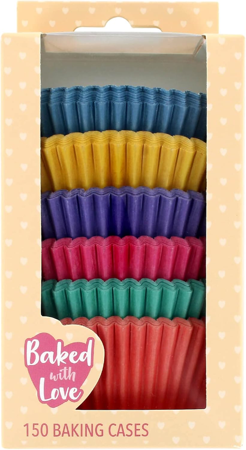 Baked with Love Brights Cupcake Cases, 50mm Baking Cups, Red, Blue, Green, Yellow, Purple, Orange, Greaseproof Paper Cases for Muffins and Cupcakes, Pack of 150, 0686968