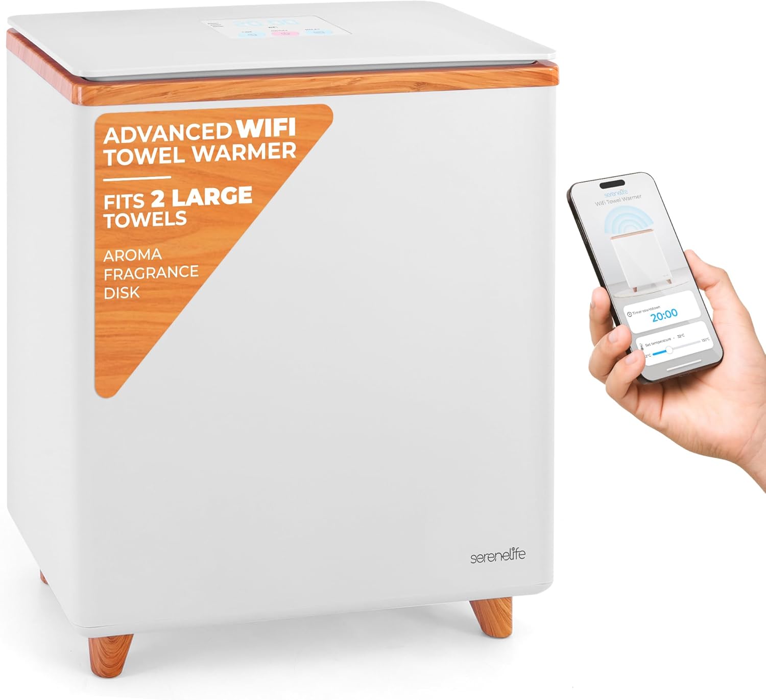 SereneLife WIFI Luxury Rectangle Towel Warmer - Spa & Bathroom Heater with Custom Fragrance, Auto Shut-Off, Fits 2 large Towels, Blankets, Bathrobes, PJ's - Perfect Gift for Him & Her (Natural)