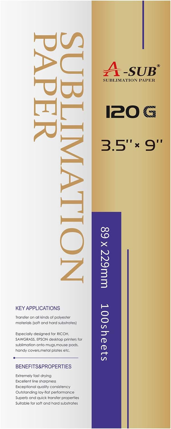 A-SUB Sublimation Paper for Mug Size 120gsm 3.5x9'' 89x229mm 100 Sheets, Compatible with Epson, Sawgrass, Ricoh, Brother Sublimation Printers