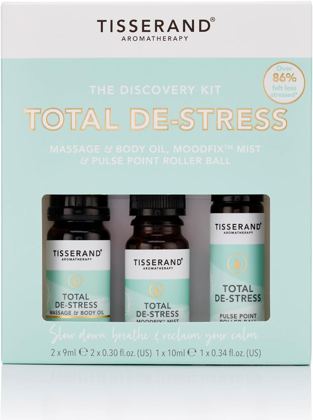 Tisserand Aromatherapy - Total De-Stress Discovery Kit - Roller Ball, Massage & Body Oil & MoodFix Mist - 100% Natural Pure Essential Oils - 2x9ml, 1x10ml