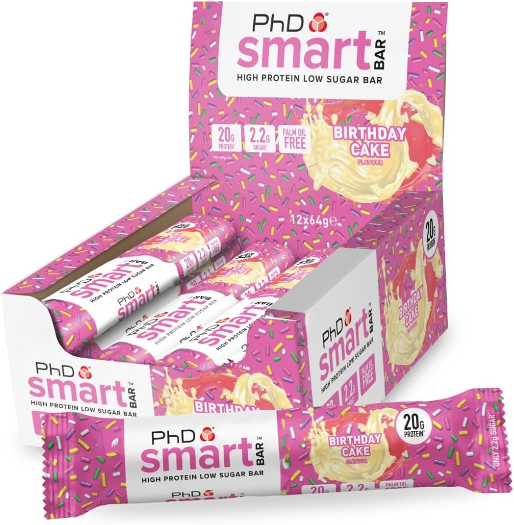 PhD Nutrition Smart Protein Bar Low Calorie, Nutritional Protein Bars/Protein Snacks, High Protein Low Sugar, Birthday Cake Flavour, 20g of Protein, 64g Bar (12 Pack)