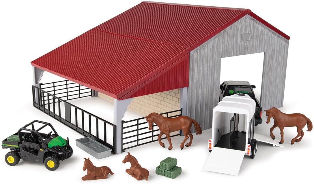 TOMY John Deere Weathered Barn Farm Playset - 1:32 Scale - Includes Barn, Pick Up Truck Toy, Horse Trailer, Horse Toys, and More - John Deere Farm Toys - 13 Count - Ages 3 Years and Up