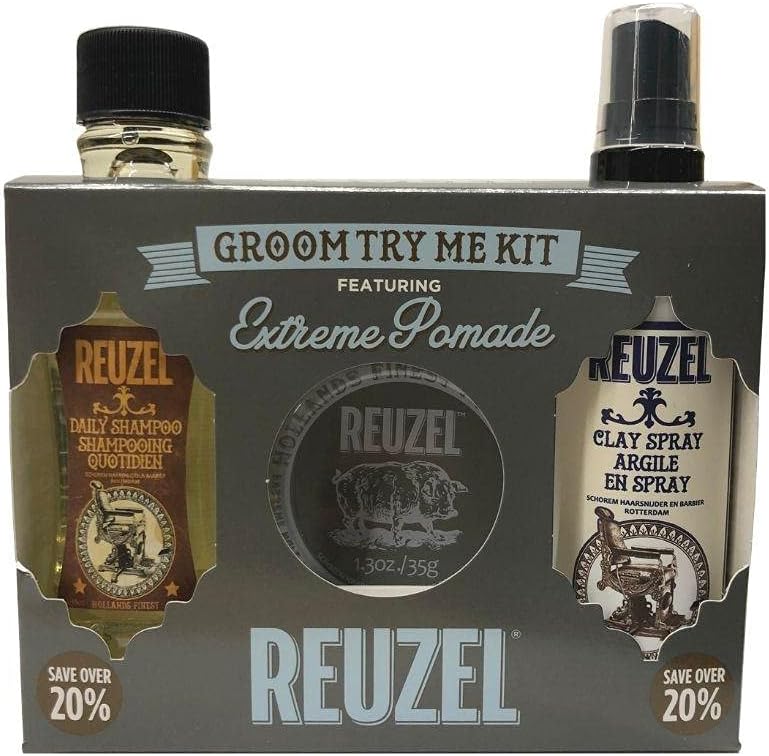 Reuzel Groom Try Me Kit - Extreme Hold Matte Pomade - Hair Styling Set & Travel Set: Extreme Hold Matte Pomade 35 g, Daily Shampoo 100 ml, Clay Spray 100 ml
