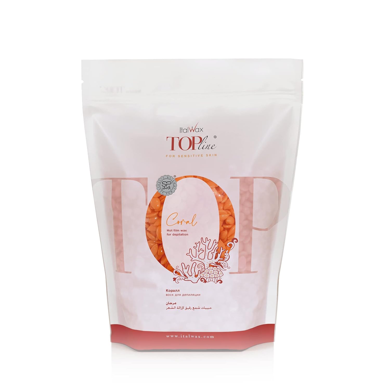Italwax Top Line Coral - 750g / 1.65lb - Hard wax beads for hair removal - Unscented - Synthetic formulation ideal for sensitive skins - Recommended for Bikini Area and Armpits