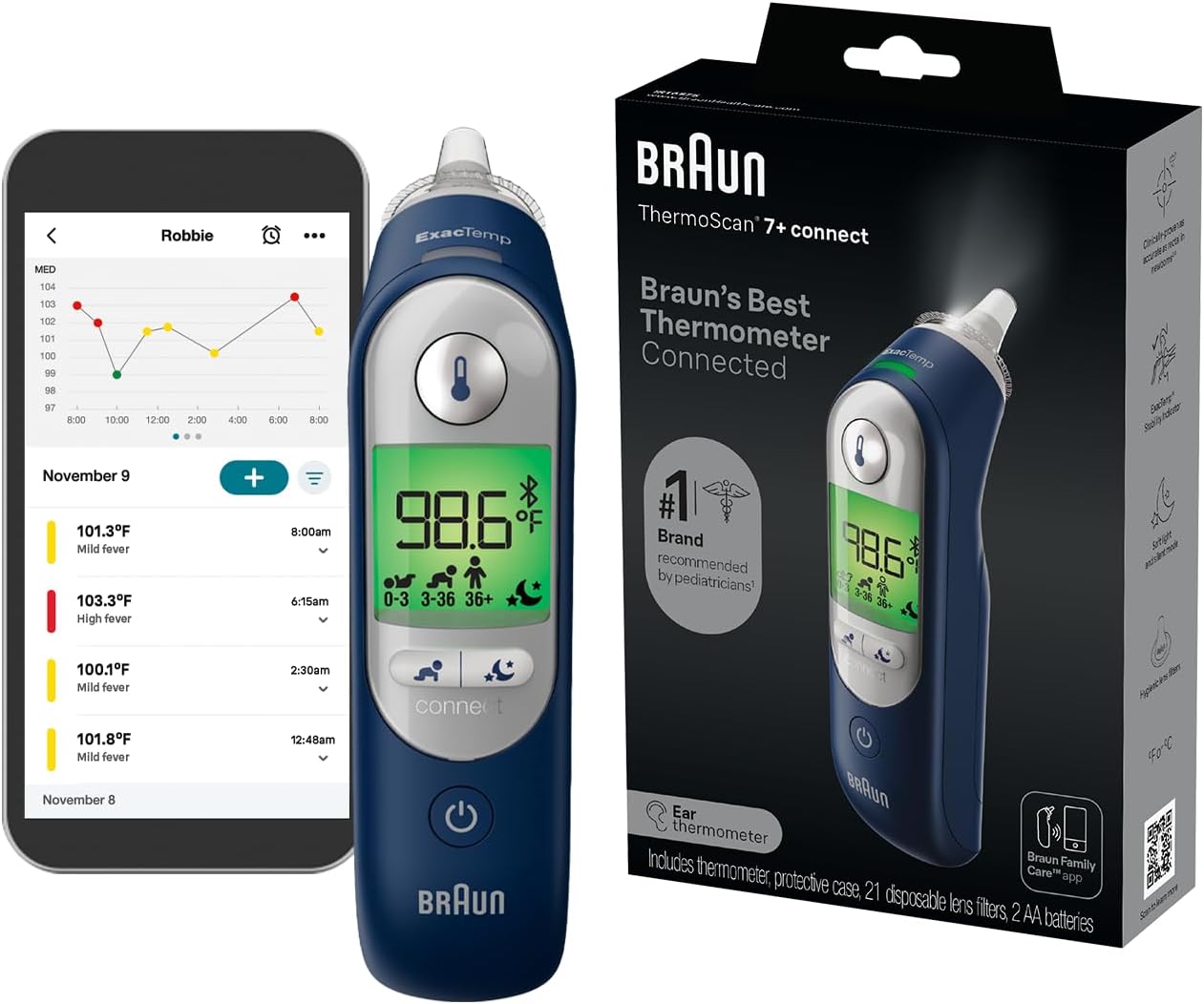 Braun ThermoScan 7+ Connect Digital Ear Thermometer - Family Care App Compatible, Age Precision Technology, Color-Coded Display, No. 1 Brand Recommended by Pediatricians, FSA and HSA Eligible