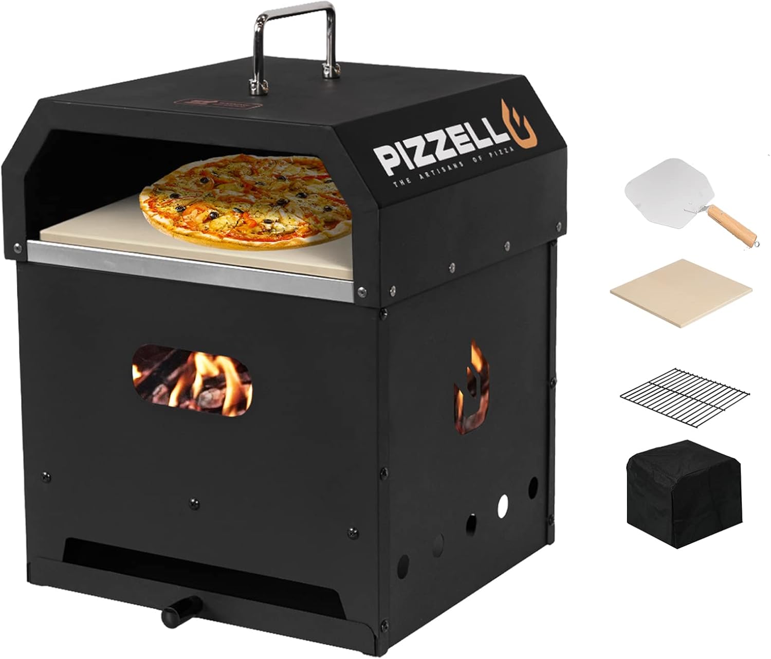 Outdoor Pizza Oven 4 in 1 Wood Fired 2-Layer Detachable Outside Ovens With Pizza Stone, Pizza Peel, Cover, Cooking Grill Grate, Pizzello Gusto