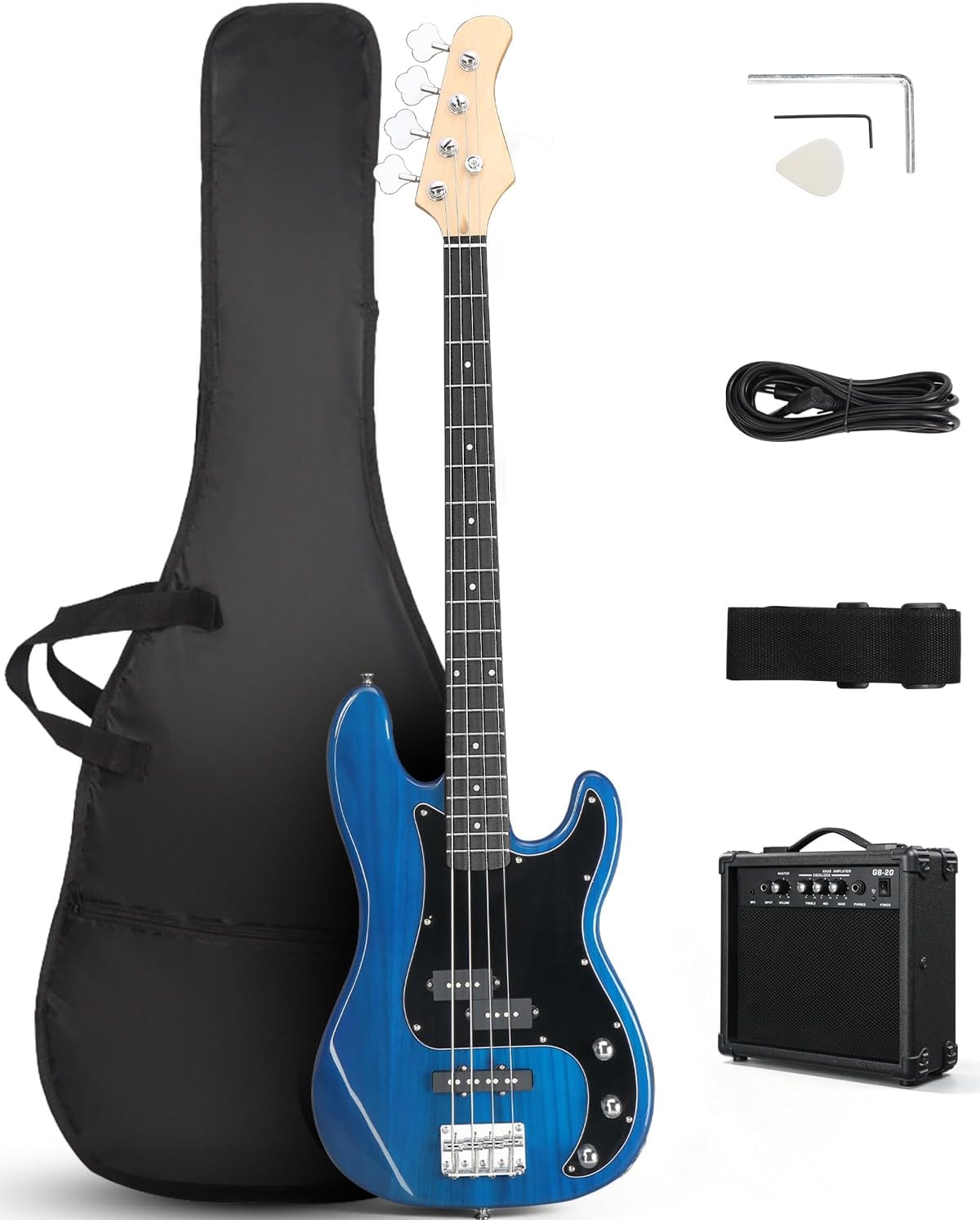 Ktaxon 4 String Bass Guitar, Full-Size Electric Bass Guitar Kit(Dark Blue) | Includes 20W AMP, Portable Gip Bag, Premium Cable, Adjustable Guitar Strap, Picks and Wrench, Gift For Music Lover