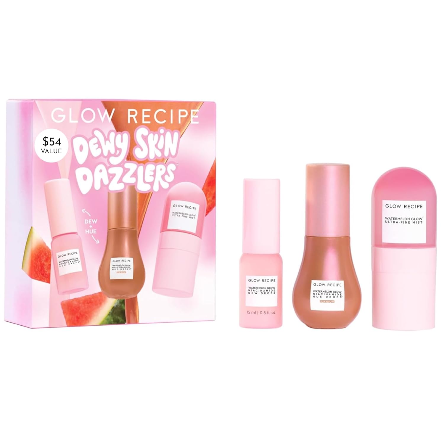 Glow Recipe Dewy Skin Dazzlers Travel Size Gift Set - Niacinamide Dew Drops Face Serum + Hue Drops Bronzing Serum + Watermelon Glow Ultra-Fine Hydrating Face Mist (3 Count)