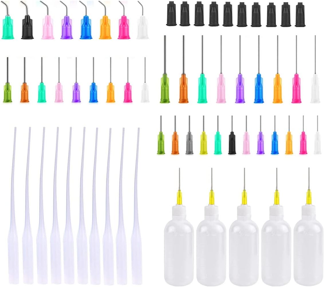 SKYPRO 54Pcs 50ml Precision Tip Applicator Bottles Kit, Dispensers Applicator Bottles for Liquid, Glue Oil, Acrylic Paint – 5 Squeeze Bottles, 5 Syringe Caps, 5 Glue Nozzles and 39 dispensing needles