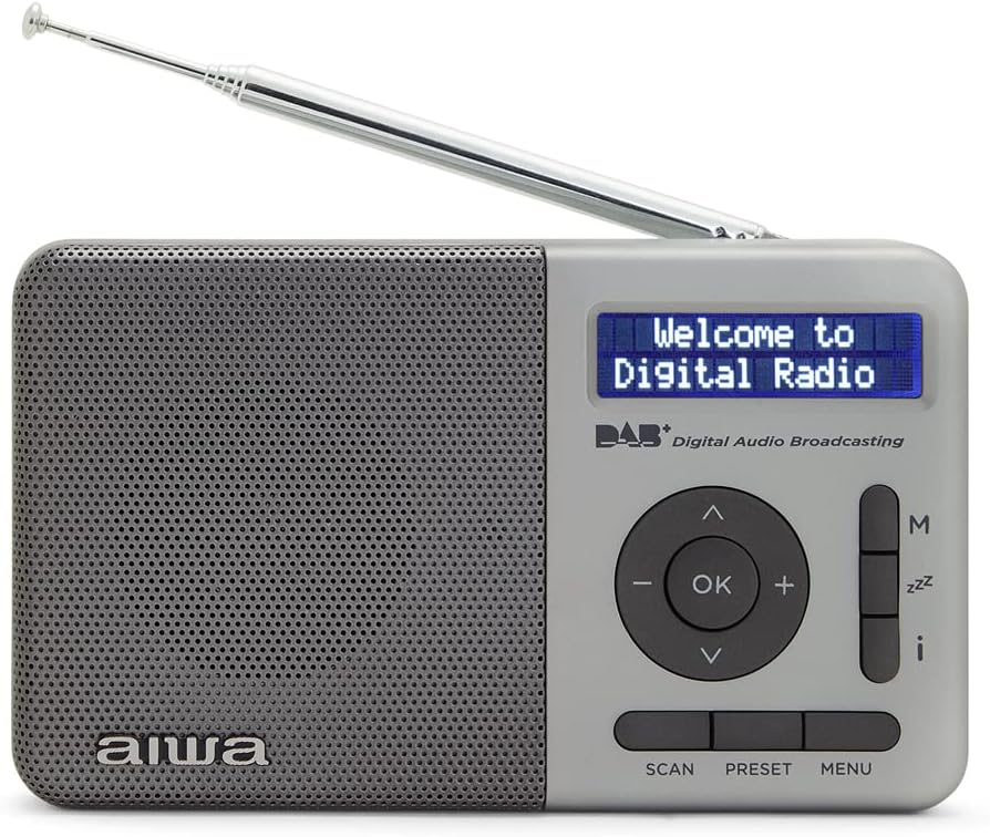 Aiwa RD-40DAB/SL: Rechargeable Digital Portable Radio (Dab/Dab+/FM, Built-in Speaker, 100 Presets, Dot Matrix Display, Headphone Jack, Double Alarm, Rechargeable Battery). Colour: Silver.