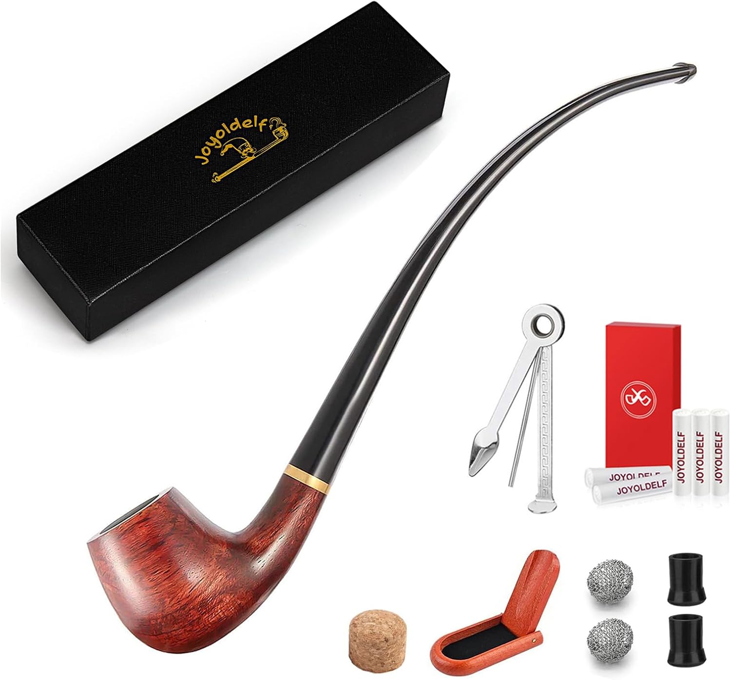 Joyoldelf Tobacco Pipe, Churchwarden Rosewood Smoking Pipe with Pipe Stand, Pipe Bit, 3-in-1 Scraper, Pipe Filter, Cork Knocker, Metall Ball & Delicate Gift Box