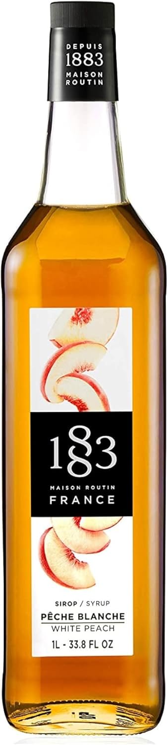 1883 Maison Routin Premium White Peach Syrup for Cocktails, Mocktails, Iced Tea, Smoothies, Desserts & Bubble Tea Glass 1L