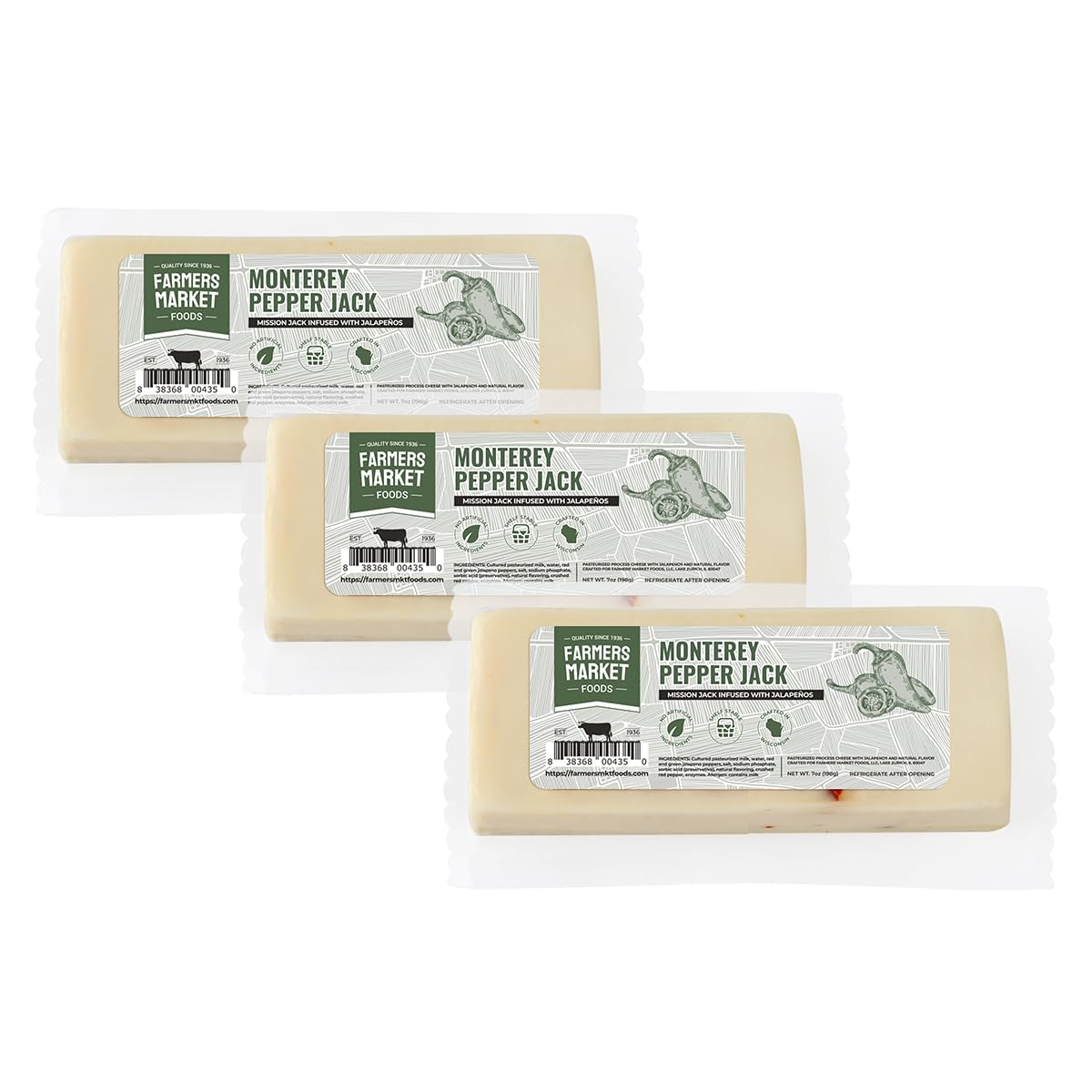 Farmers' Market Monterey Pepper Jack Cheese Block 7oz, Shelf Stable, Locally Sourced Wisconsin Cheese, All Natural Snack, Perfect for Slicing and Shredding, 3-Pack